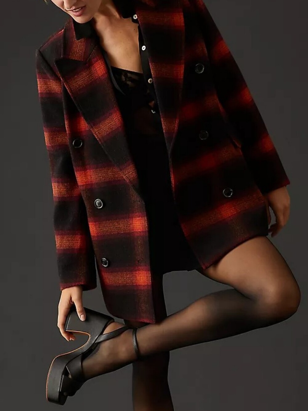 Avec Les Filles Red Black Plaid Wool Blend Double Breasted Blazer S
